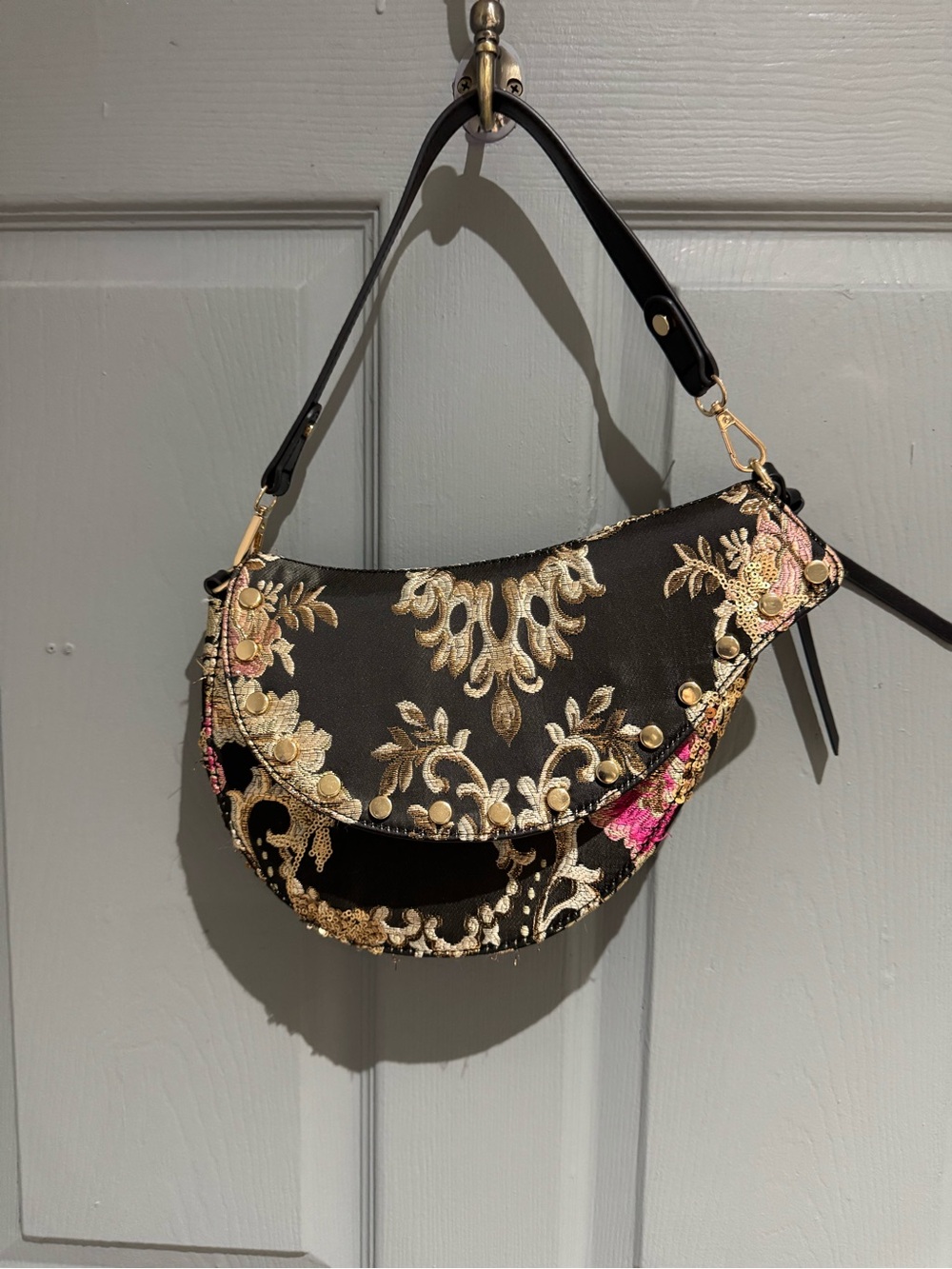 AKIRA Black Crescent Shoulder Bag with Gold & Pink Embroidery